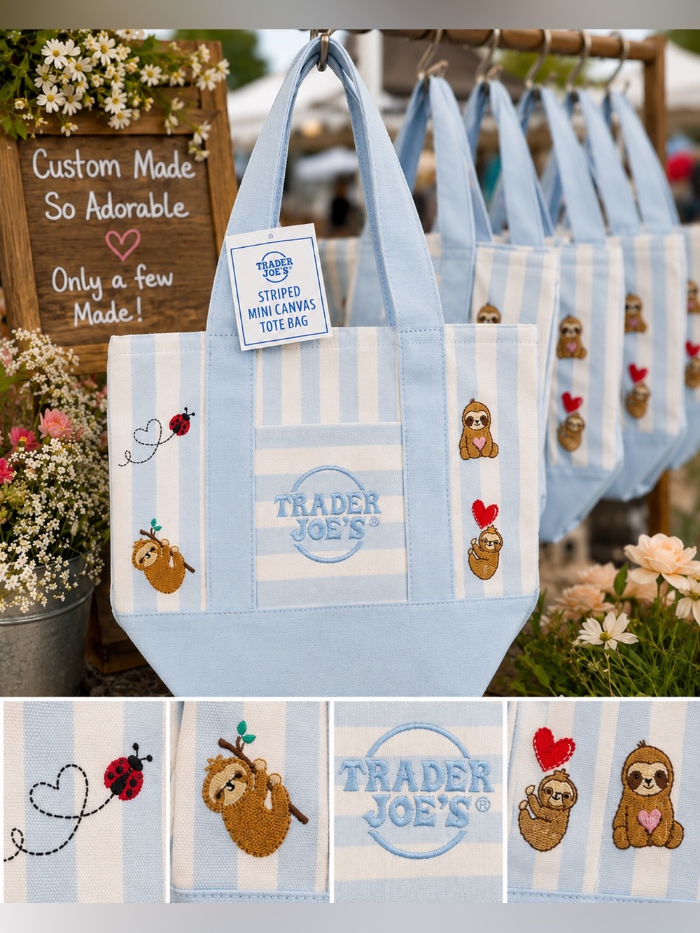 Trader Joe’s Mini Canvas Tote Bags with Custom Embroidery